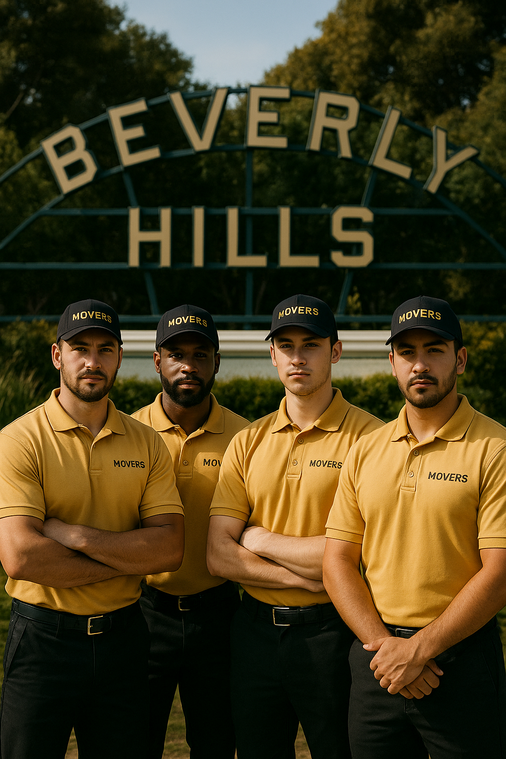 Professional Beverly Hills moving crew carefully handling boxes near a luxury home